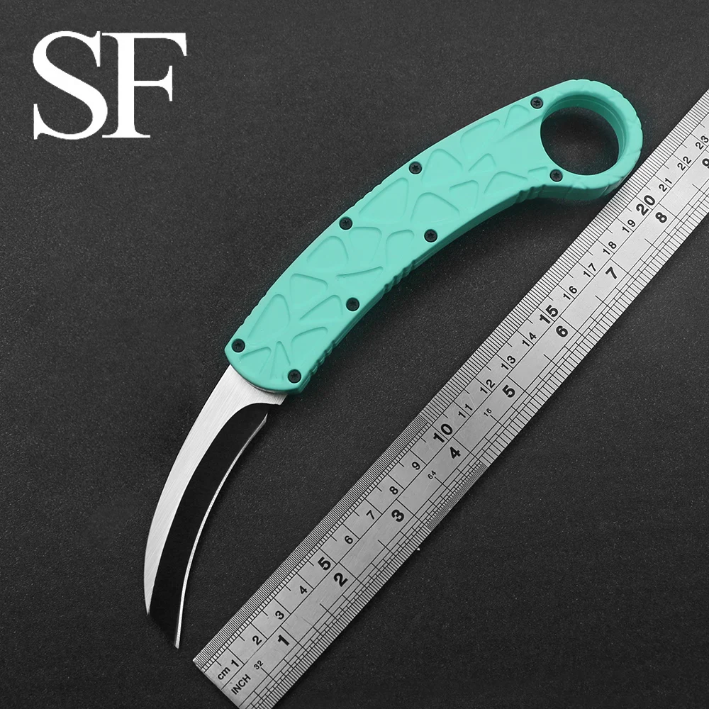 

SF Fluorescent Blue Outdoor OTF Camping Hunting Scimitar Double Action Pocket Knife 440 Black Blade EDC Multi-tool