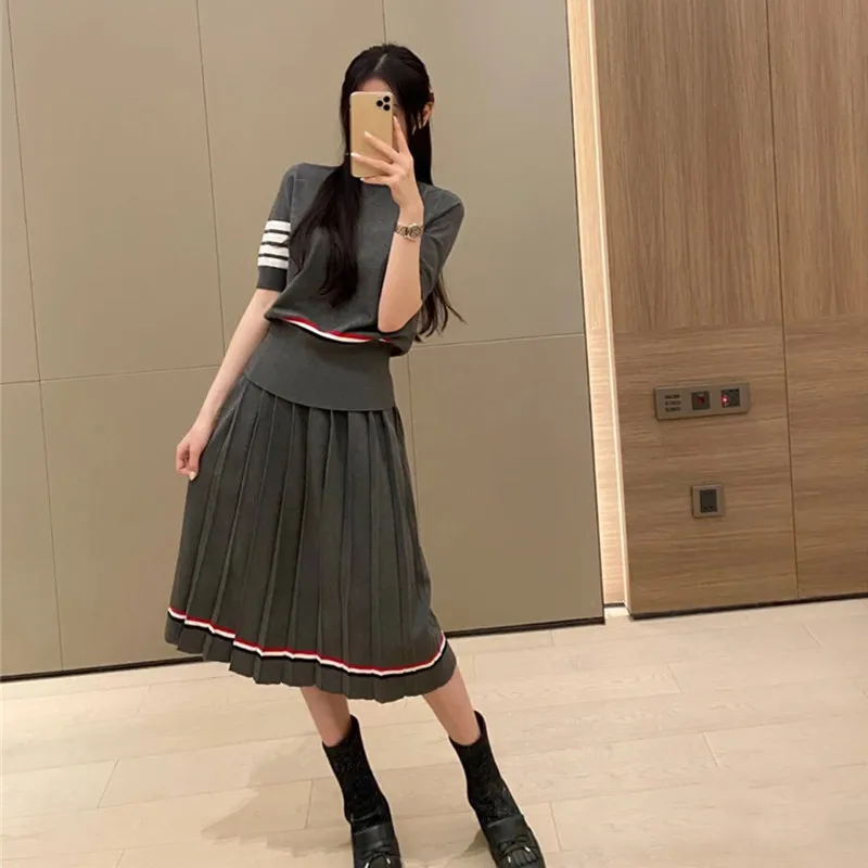 Lazy suit spring and summer tb college style A-line pleated skirt wool knitted round neck short-sleeved t-shirt skirt suit