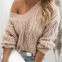 2021 fashion cut out lace up knit sweater clothing women winter sweaters long sleeve v neck pullover beaded casual autumn tops