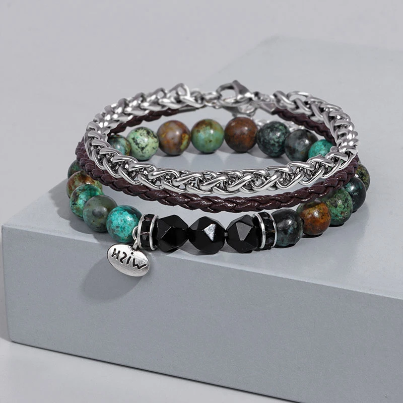 

Men's Turquoises Stone Beaded Bracelet Alloy Chain Layered Bracelets Bangles for Homme Fashion Punk Male Jewelry Gifts Handmade