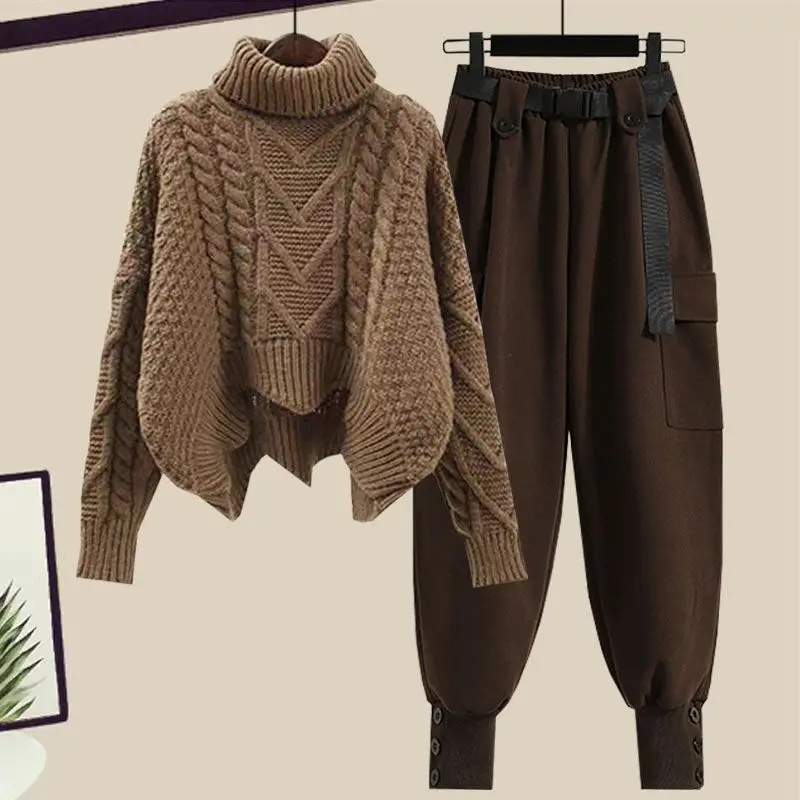 Осень-зима женская водолазка в стиле сафари короткий свитер брюки-карго комплект
