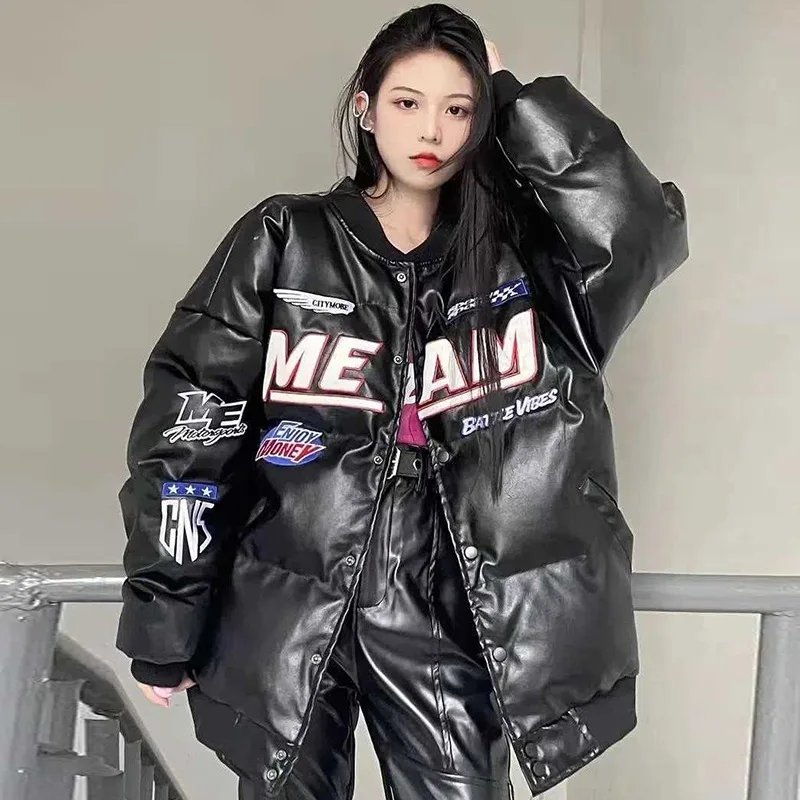 American style PU leather street embroidered padded motorcycle jacket baseball suit men's and women's loose cotton suit