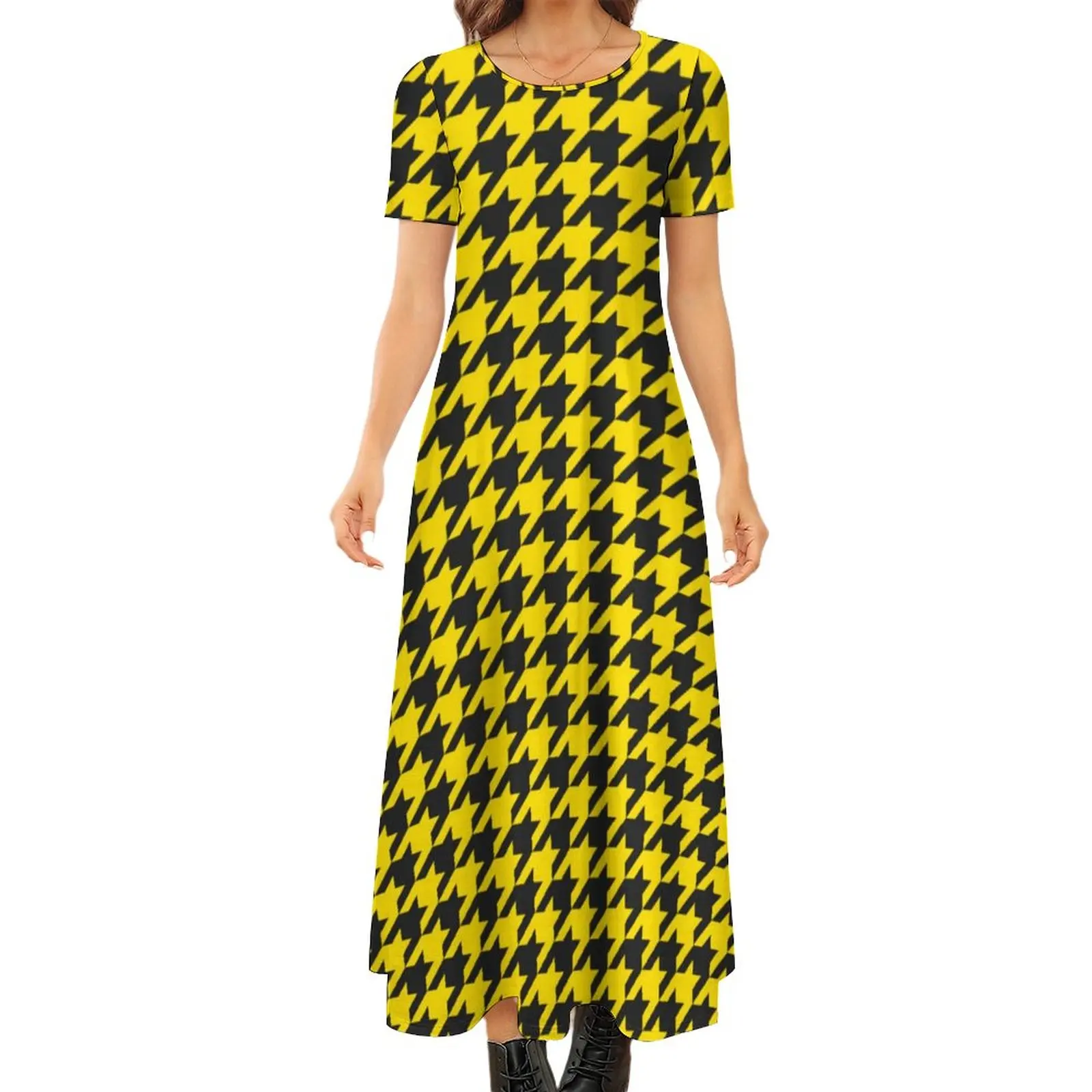 

Yellow Black Houndstooth Dress Vintage Print Modern Maxi Dress Female Short Sleeve Street Wear Bohemia Long Dresses Large Size