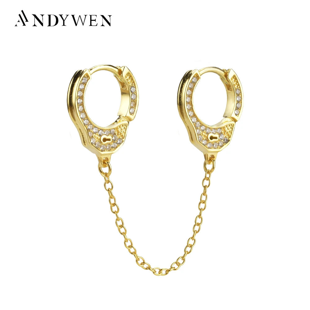 

ANDYWEN 925 Sterling Silver 8.5mm Double Sided CZ Crystal Hands Cuff Clickers Medium Chain Hoops Huggies Loop Earring Jewelry