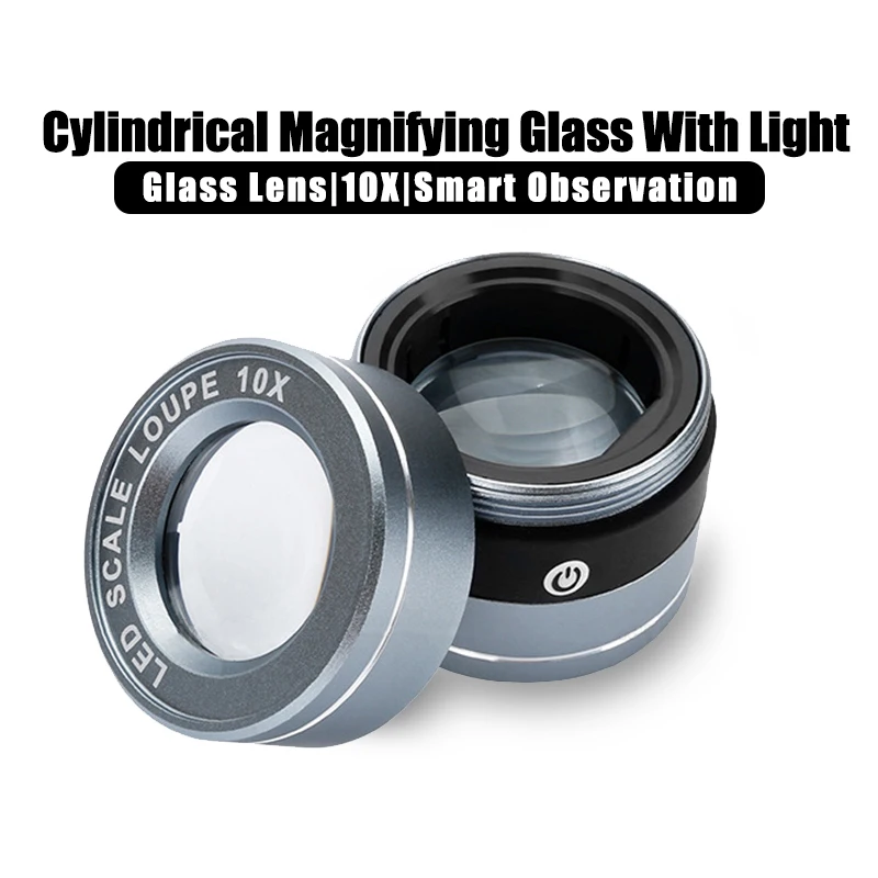 

10X Metal Cylinder Magnifying Glass Portable Lens Loupe Magnifier USB Charging LED Light Illumination Fake Currency Detection