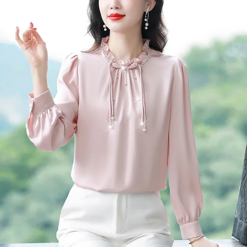 Женская шифоновая блузка с длинным рукавом воротником-стойкой