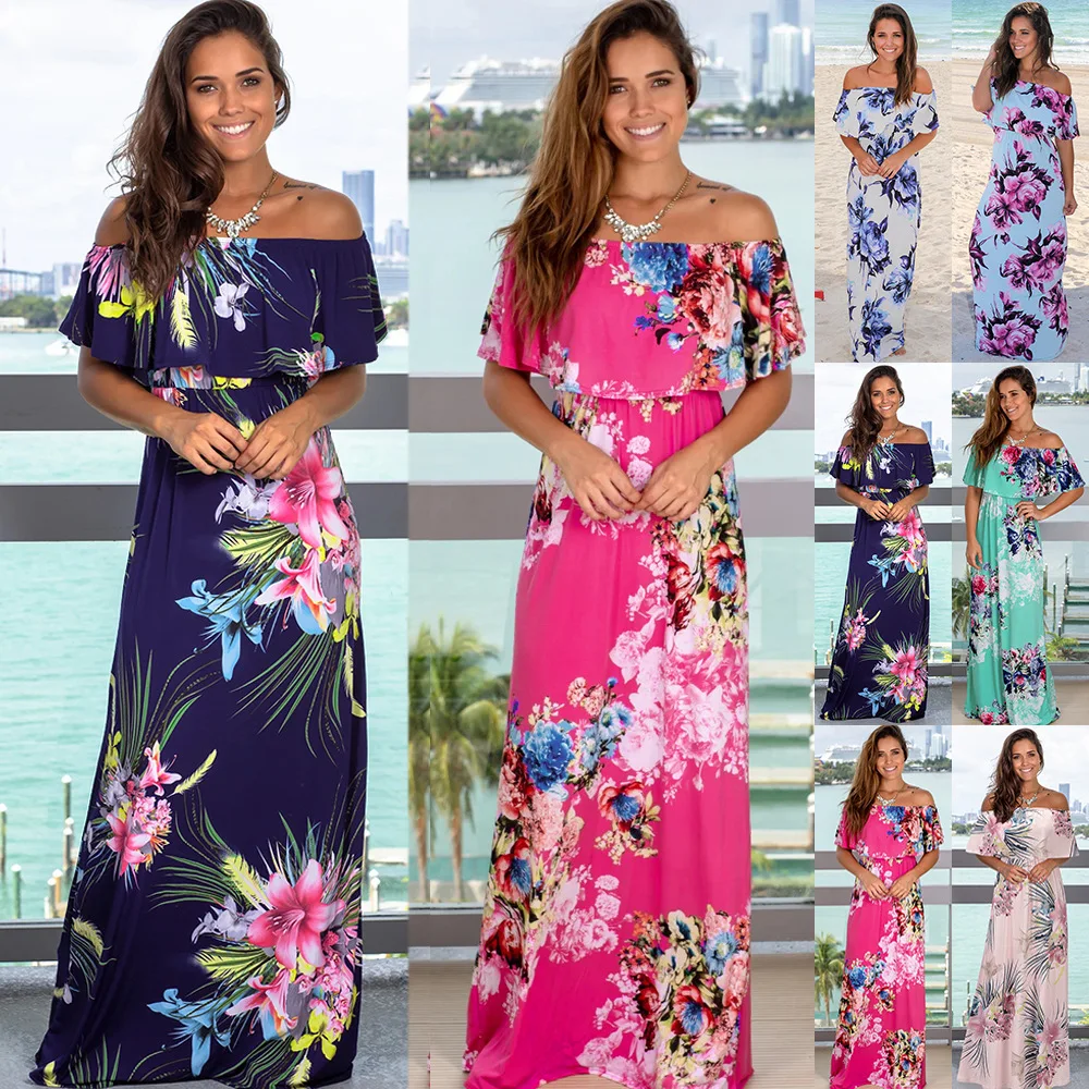 

Летние женские платья с открытыми плечами, топ-труба, Женское Платье макси с цветочным принтом в стиле бохо