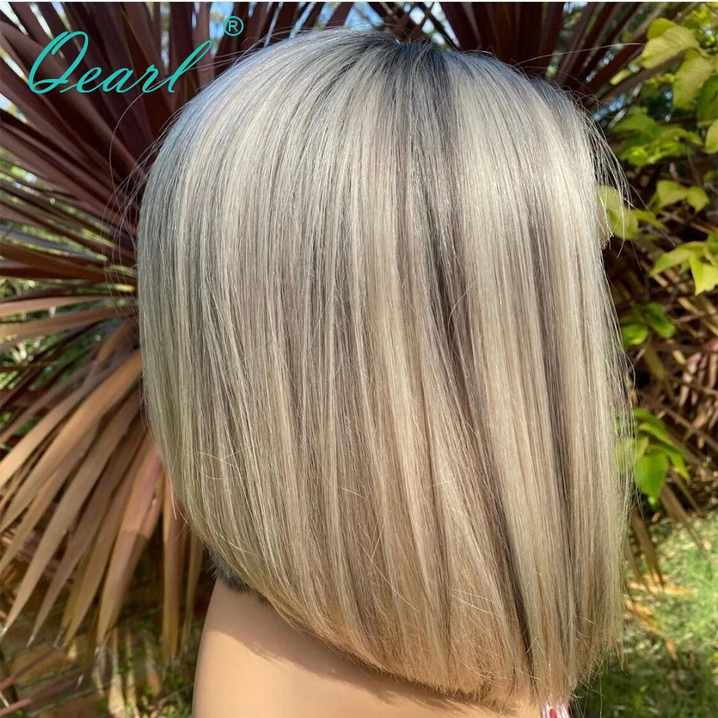Straight Human Hair Wig Short Bob HD Lace Frontal Wig 13x4 Light Grey Ash blonde Highlights Color Remy Hair 150% Glueless Qearl