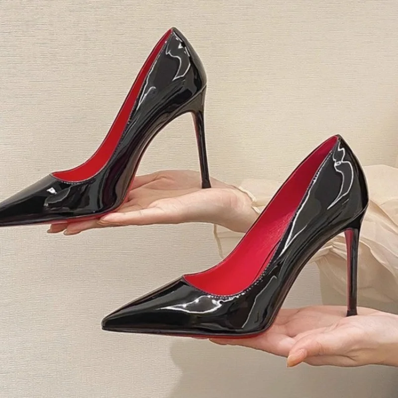 

Женские туфли с красной подошвой, туфли-лодочки на тонком высоком каблуке 8, 10, 6 см, с острым носком, черные, 2023