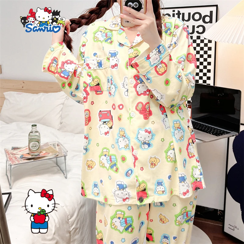 

Hello Kitty Sanrio Pajamas Sets Kawaii Kuromi Cartoon Cute Long Sleeve Long Pants Home Clothes Two Piece Set Girls Gifts