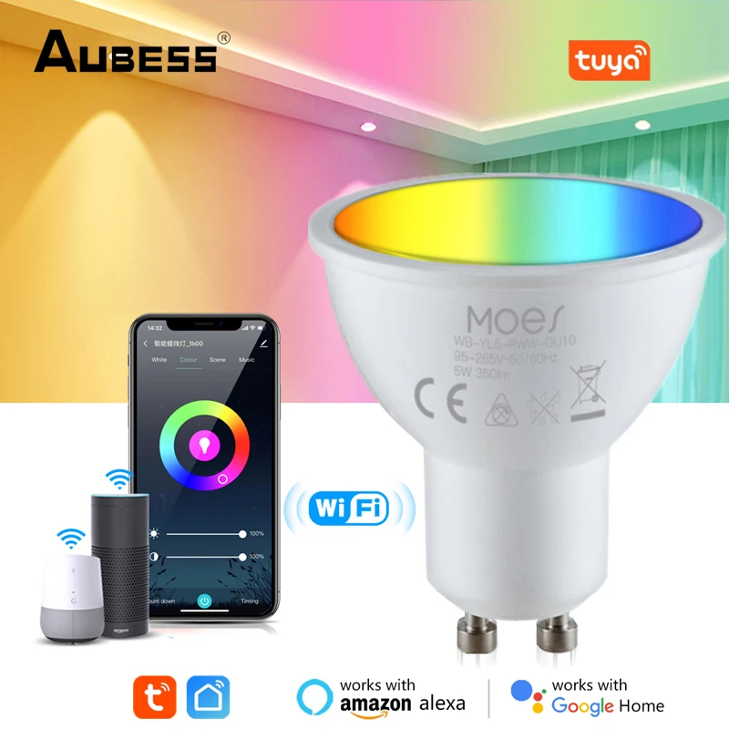 

Aubess LED GU10 Dimmable Smart LED Bulb GU10 Spotlight RGB Tuya Smart Wifi Lamps Smart Life Remote Control Lamp For Alexa Google