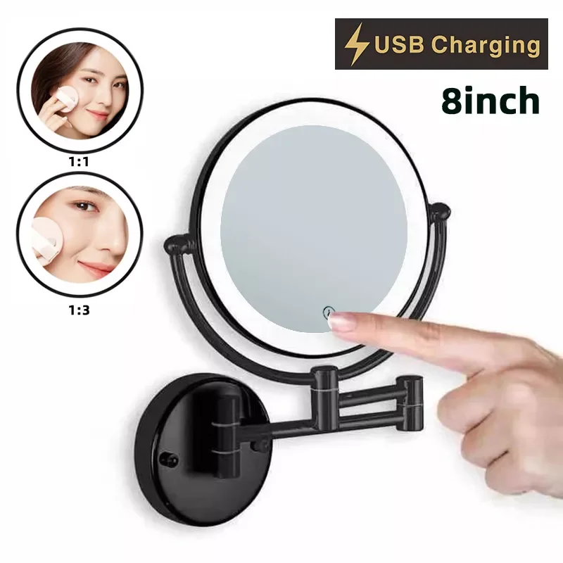 

8 inch Wall Mounted Matte Black Makeup Mirror 3X Magnifying Double Side Folding Arm USB Charging Bathroom Smart Cosmetic Mirrors