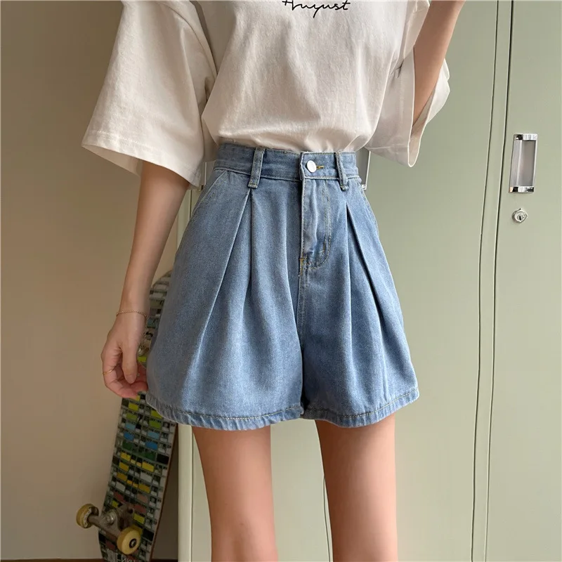 

CGC Summer Casual Loose Jeans Shorts Women High Waist Denim Shorts Korean Fashion Cotton Wide Leg A-line Shorts Female Pants