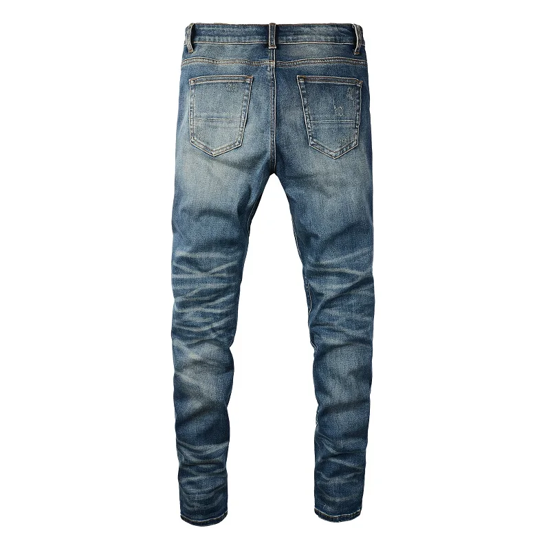 New Arrivals Men's Blue Distressed Slim Fit Steetwear Style Skinny Stretch High Street Damaged Holes Bandana Ribs Ripped Jeans