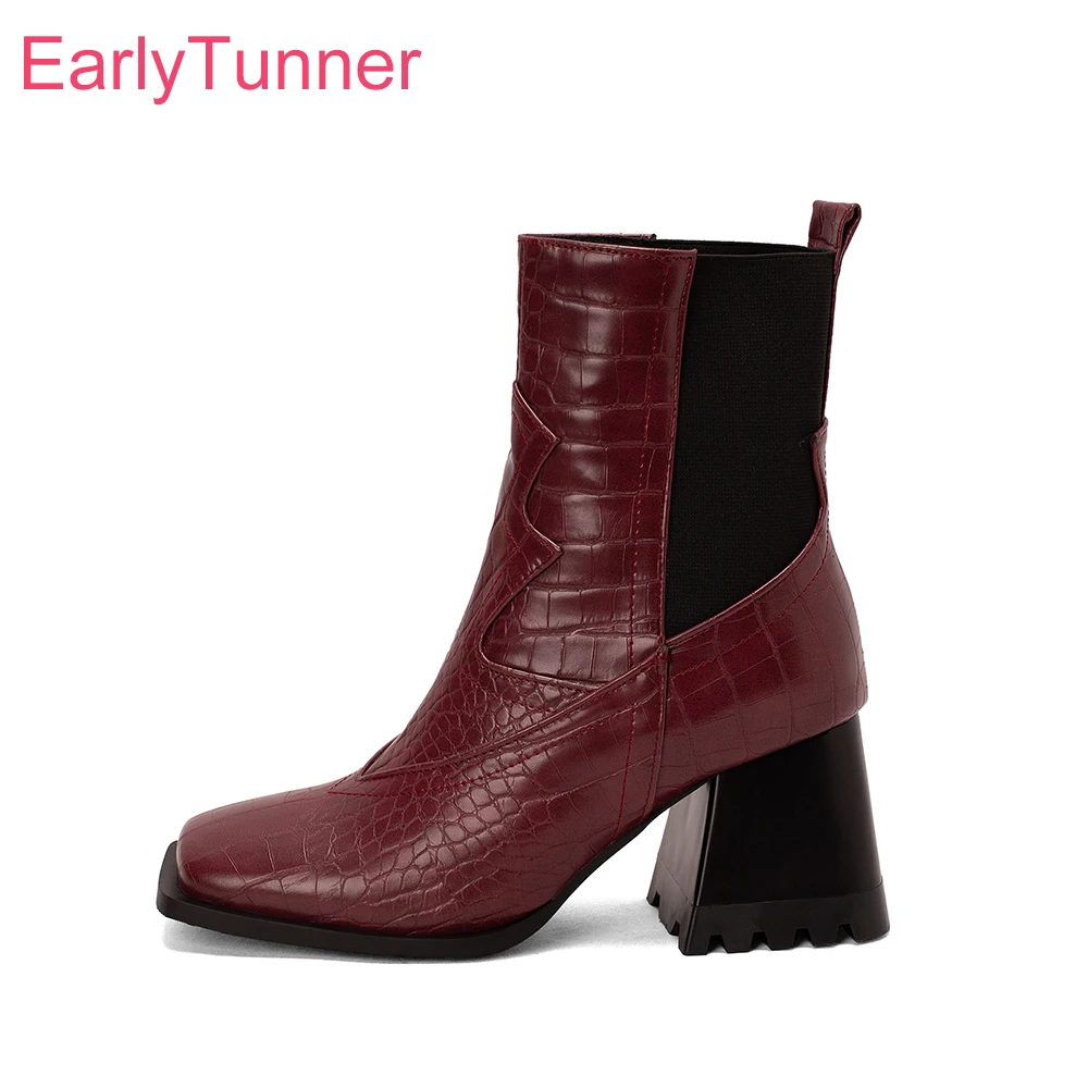 

2022 Winter Elegant Red Black Women Ankle Boots Sexy Square Toe High Heel Office Lady Riding Shoes Plus Big Size 10 43 46 48