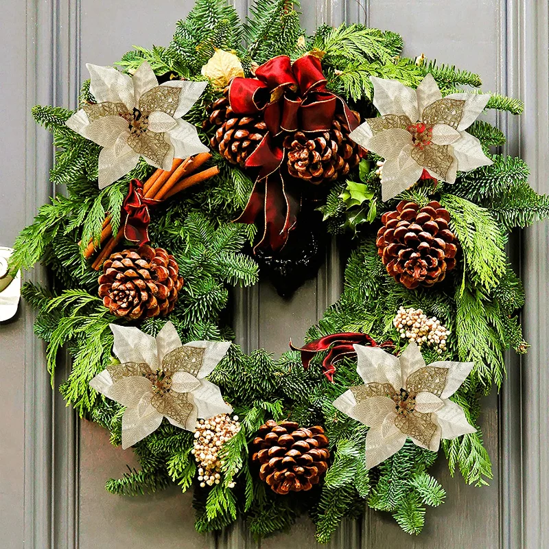 5 SZTUK brokatowych sztucznych kwiatów bożonarodzeniowych Ozdoby choinkowe Wesołych Świąt Dekoracje imprezowe do domu Prezenty noworoczne