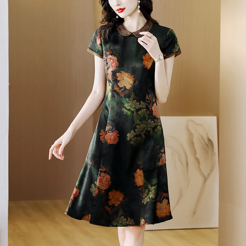 

Новинка 2023, модное шелковое платье с принтом, женское летнее элегантное платье-Мини Qipao свободного кроя, повседневное праздничное платье