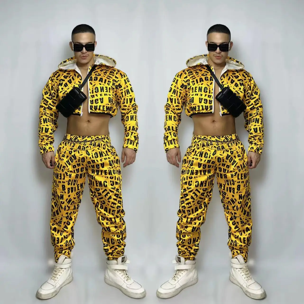 

DJ Hip Hop Jazz Dance Costume Bar Male Women Dancer Gogo Show Party Yellow Letter Hooded Short Jacket Pants Performance Outfits