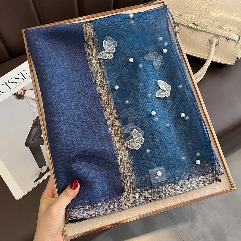 

2023 Summer Design Silk Scarf for Women Embroidered Butterfly Pearl Beach Stole Shawl Wrap Hijab Scarves Foulard Female Headband
