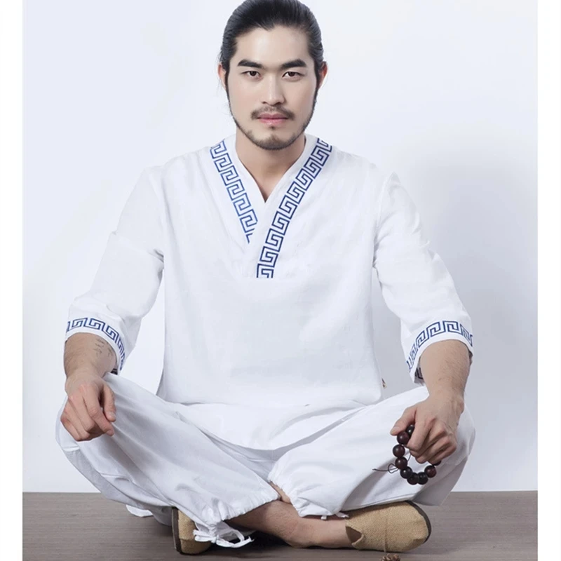 Aransue 2pcs Men Yoga Set Cotton and Linen Chinese Traditional Clothing