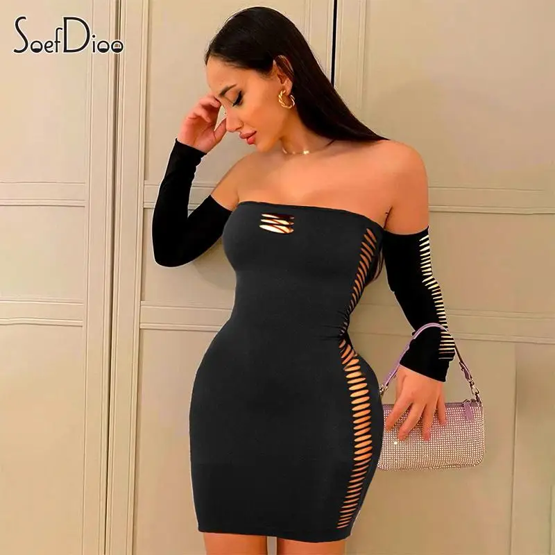 

Soefdioo Sexy Hollow Out Slash Neck Off Shoulder Long Sleeve Bodycon Mini Dress Women 2024 Spring Fashion Party Vestidos Dresses