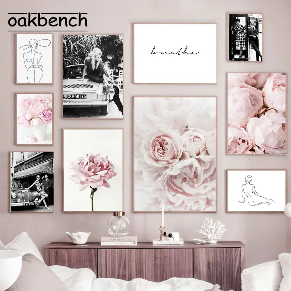 

Плакат с черно-белыми фигурами, Настенная роспись, Женская художественная живопись, розовый цветок, настенный плакат, картины на стену с пио...