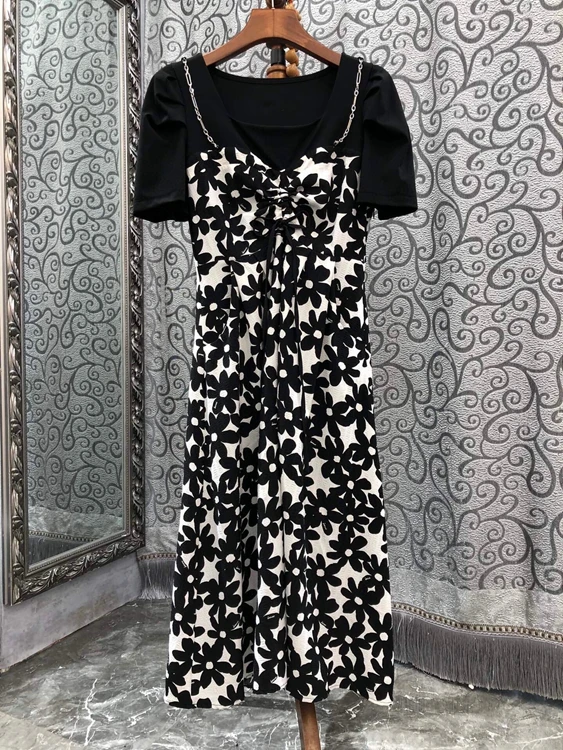 

2022 new women Fashion Short Sleeve Square Collar Fake Two Pieces Slim Casual Print Dress 525