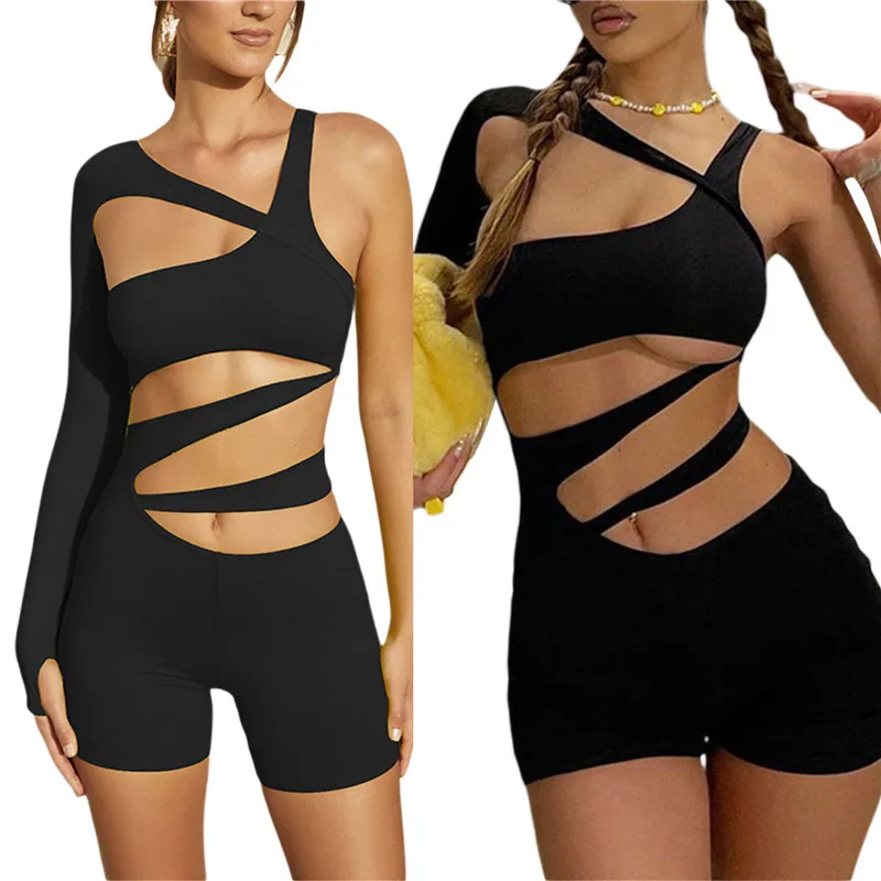 

Women Sexy Hollow Out Playsuits Summer Single Sleeve Irregular Neck Solid Slim Rompers Club Party Short Jumpsuits Fairy Grunge