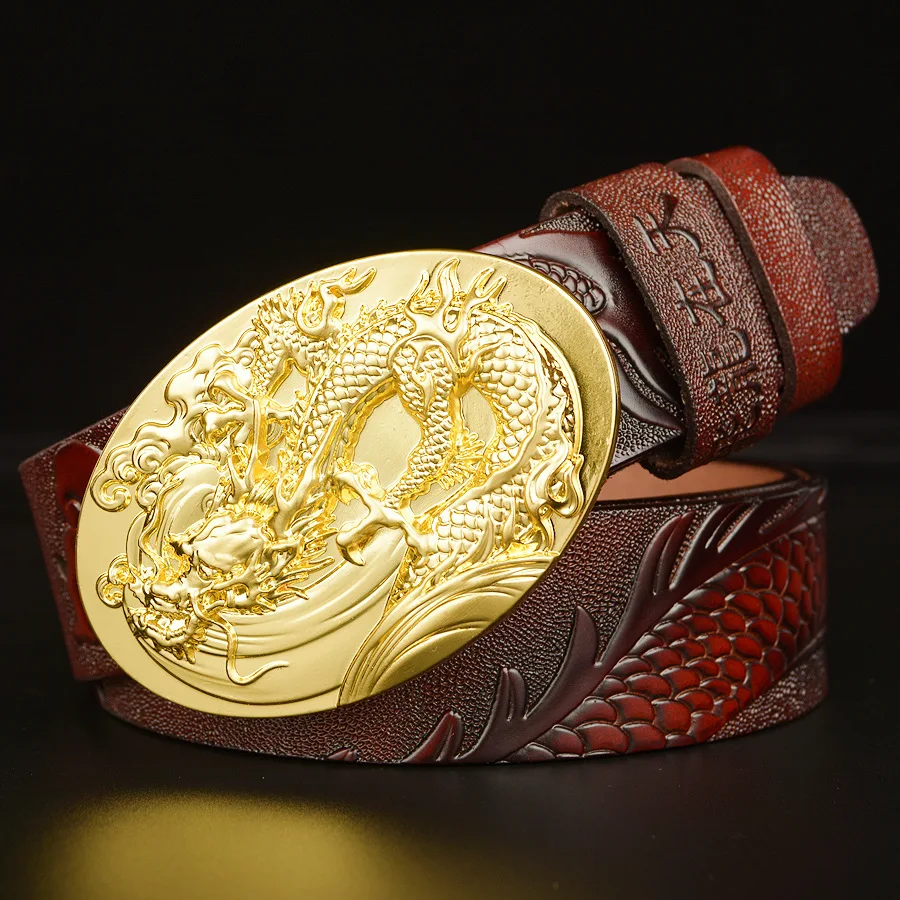 

Male Genuine Leather Belts Casual Ratchet Belt with Automatic Buckle Luxury Design Dragon Pattern Belts for Business Men Strap