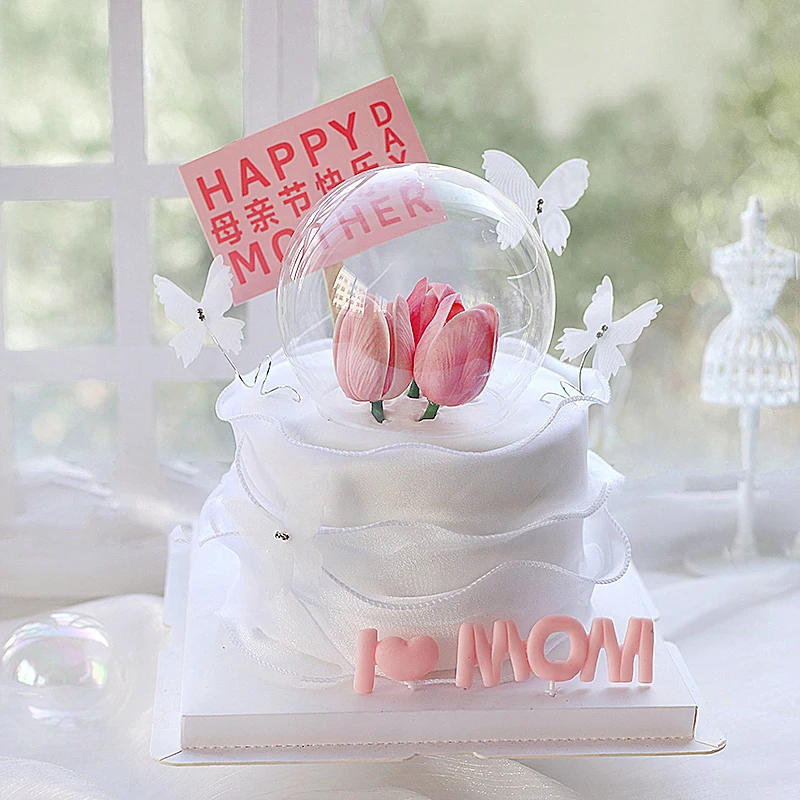 

Mother's Day Cake Decorate Happy Birthday Simulation Tulip Love Mom Festival Card Slot Baking Decor Creative Artificial Flowers