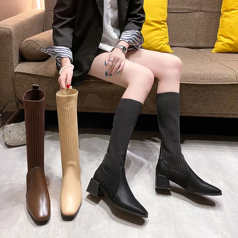 2023 Autumn Winter New Ankle Socks Shoes Women Fashion Large Size 42 Knitted Short Boots Women Slip On High Heels Botas De Mujer