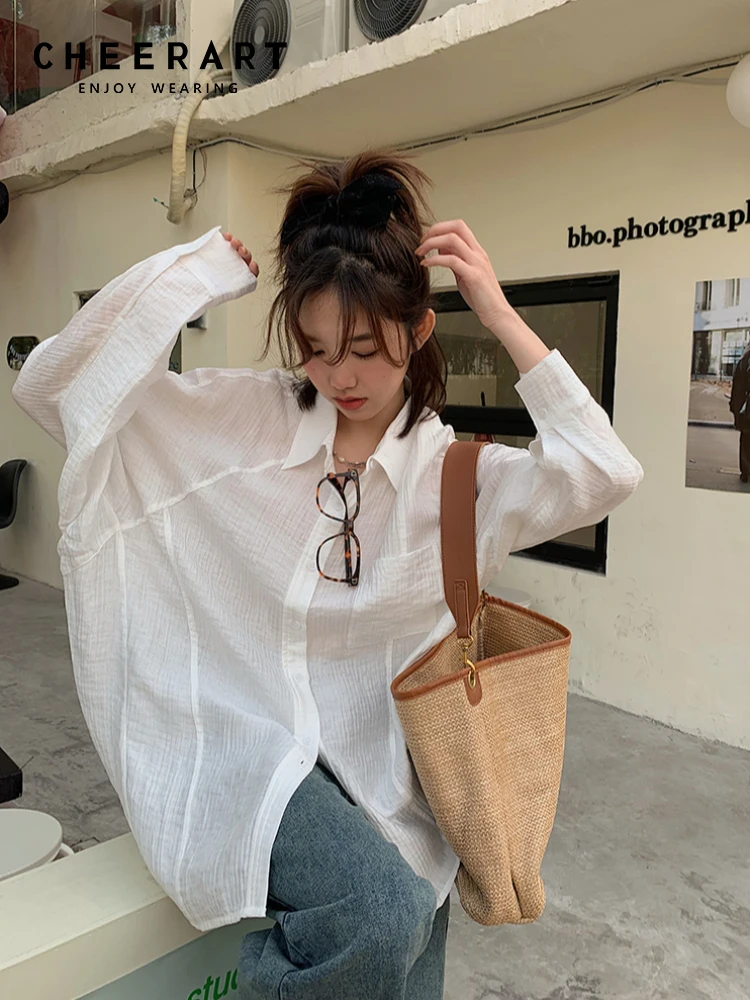 

CHEERART Ulzzang Ruched Oversized Baggy Shirt For Women Spring 2022 Green Button Up Shirt Blouse Long Sleeve Top Korean Fashion