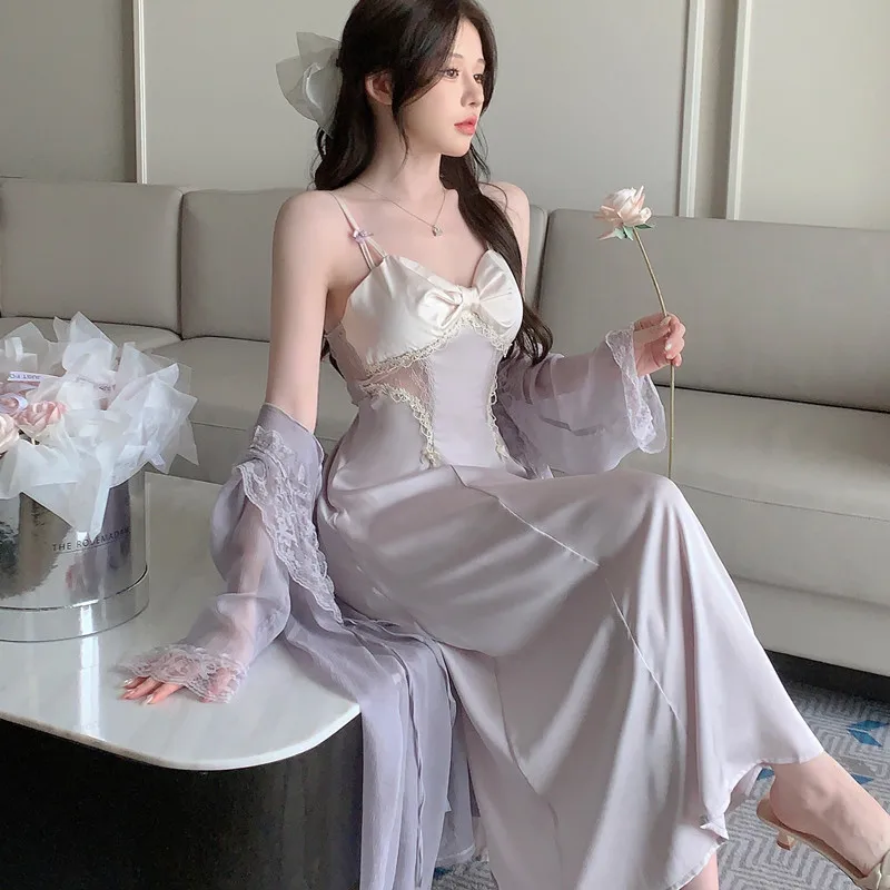 Костюм женский атласный из двух предметов кружевная ночная рубашка-кимоно халат