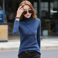 womens spring new t shirt solid basic long sleeve casual tops female turtleneck slim bright line decoration t shirts tees femme