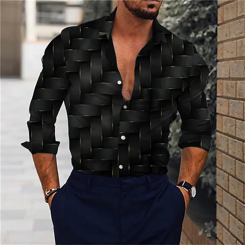 

Fashion stripes reduce black 3D printing men's button shirt lapel long sleeve shirt casual social gathering clothing summer 2023