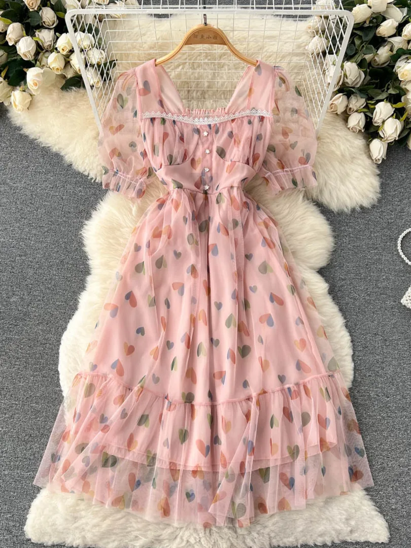 

Fashion Pink Print Dress Women Summer French Sweet Square Collar Short Sleeve Slim Waist A-line Midi Mesh Party Dress Robe Femme