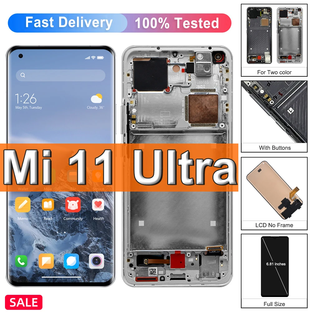 Сенсорный ЖК-дисплей 6,81 дюйма AMOLED для Xiaomi Mi 11 Ultra, дисплей с рамкой для Xiaomi11Ultra Mi11Ultra M2102K1G M2102K1C