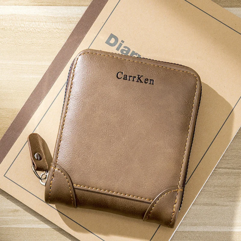 

Винтажный Мужской кошелек на молнии, кожаный короткий бумажник для мелочи, многофункциональный держатель для карт, модный зажим для денег