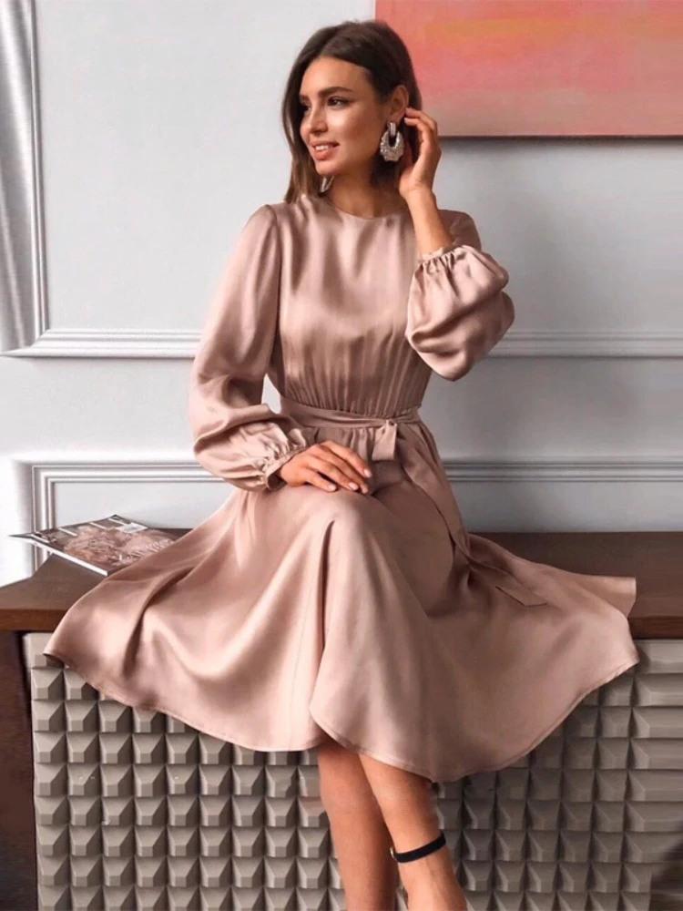 

Bornladies Spring Summer 2023 Women's Fashion Lantern Sleeved Sexy O-neck Slim Waist Belt Solid Satin Dress
