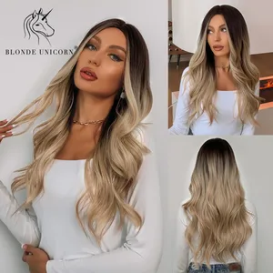 Blonde Unicorn Synthetic Wig Brown Ombre Blonde Long Wavy Middle Part Hair Daily Natural Wavy Heat Resistant Fiber for Women
