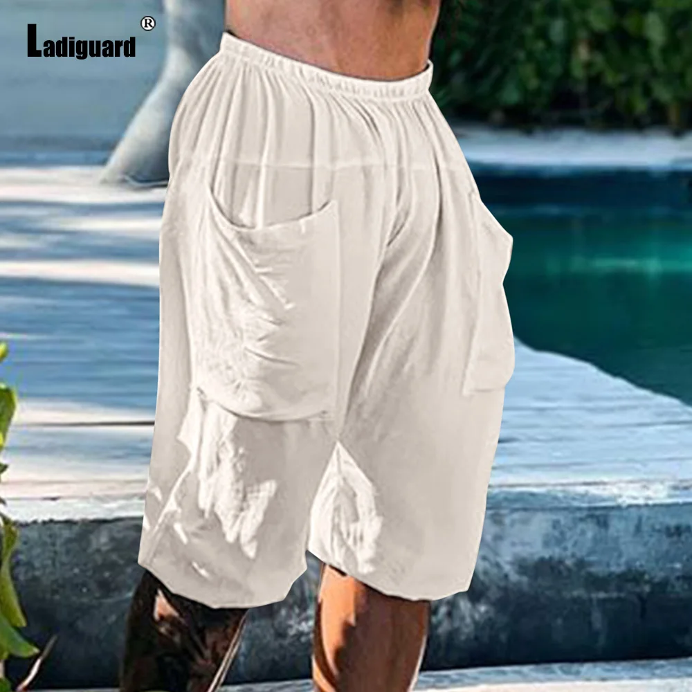 

Ladiguard Men's Knee Length Pants 2023 Summer New Huge Pockets Shorts Plus Size Men Outdoor Casual Elastic Waist Beach Hotpants