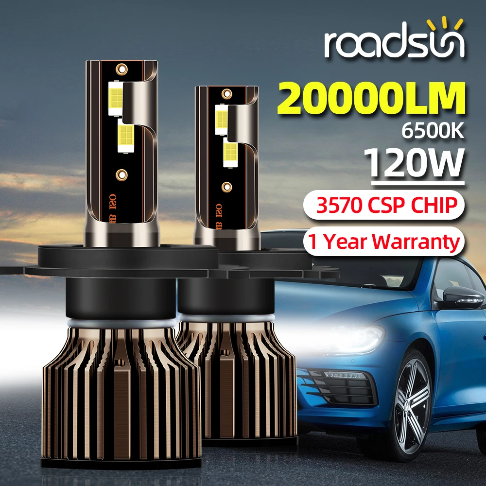 

Автомобильные Светодиодные Лампы Для Фар Roadsun 120W H4 H1 H7 H8 H9 H11 9005 9006 С Чипом CSP, 20000LM, 6500K, Высокая Яркость
