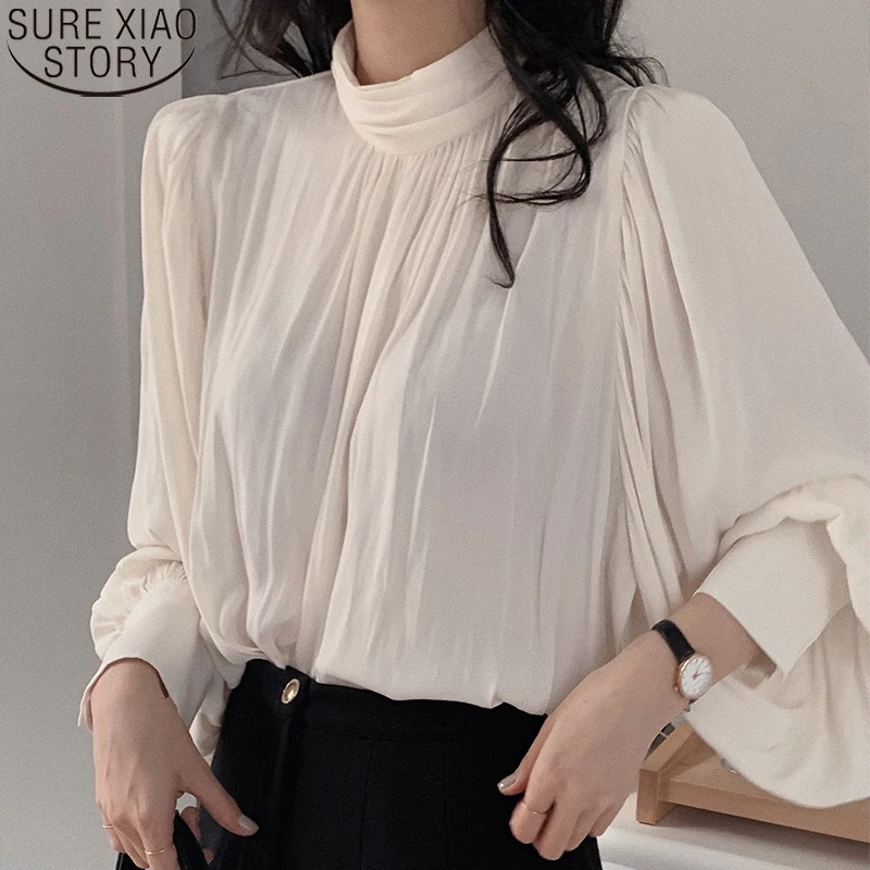 

Женские топы, элегантная одежда, корейская мода, шифоновая блузка с воротником-стойкой и рукавами-фонариками, Весенняя однотонная плиссиро...
