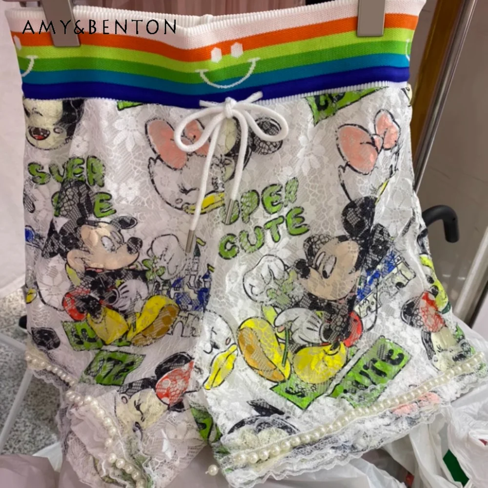 

Cartoon Printed Elastic Waistband Lace-up Lace Shorts For Women European Goods 2023 Summer New Loose Oversize Hot Pants Fashion