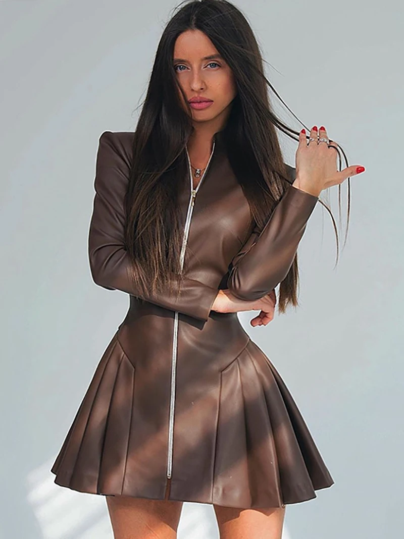 

Autumn New Women Fashion Patent Leather Long Sleeve Zipper Pleated A-Line Dress Nightclub Party Pole Dance Costume