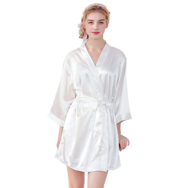 Women Satin Silk Sleep Dress Long Sleeve Lace Mini Dress Robe Pajamas