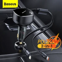 baseus usb car charger type c quick charge pd 30w fast car charging charger for iphone 13 12 pro 2 in 1 with retractable cable