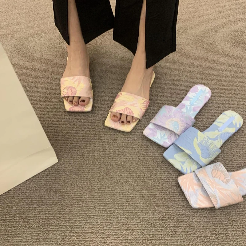 Romantic Floral Print Chiffon Slipper Woman Summer New Luxury Outdoor Flip Flops Ladies Elegant Flower Bowknot Flat Slide Sandal