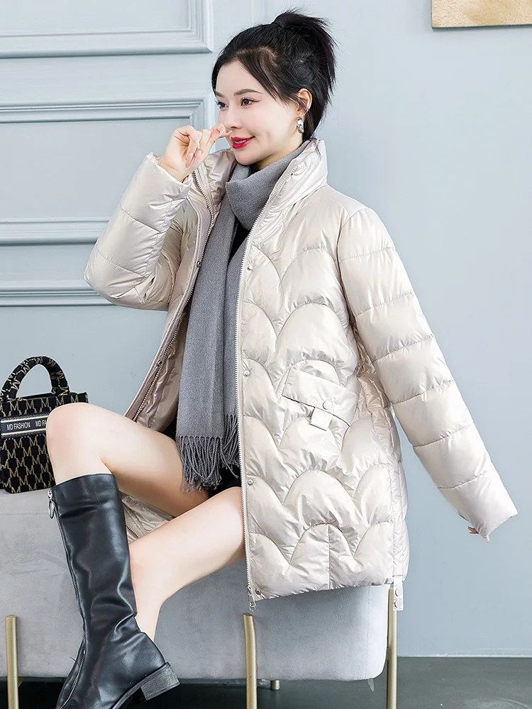 New Winter Jacket Cold Warm Outerwear Womens Long No Wash Glossy Down Cotton Jackets Casual stand collar Parka Windproof Coat