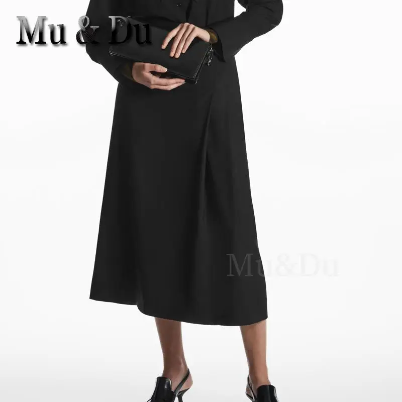 

Летняя женская простая однотонная плиссированная юбка-трапеция Mu & Du 2023 с высокой талией, женские модные базовые Юбки миди с разрезом, женские юбки для офиса